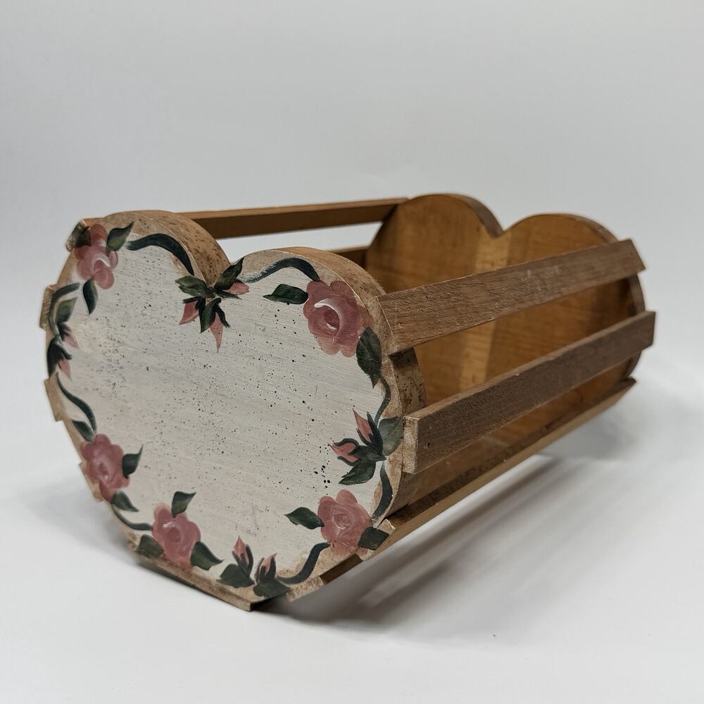 Vintage Wood Heart Basket Planter Farmhouse Country 10" Pink Tole Painted Rose